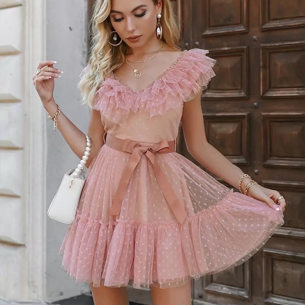 Simplee Dusty Rose Swiss Dot Tulle Ruffle Mini Dress Belted Size S